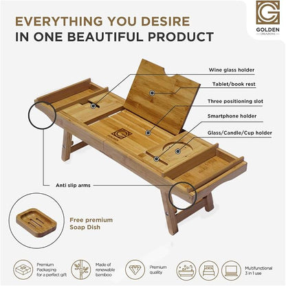 3-in-1 Premium Bathtub Caddy, Laptop Desk & Bed Tray with Extendable Arms and Adjustable Legs - Includes a Free Soap Dish, Two Spa Trays and Tablet/Wine Glass/Candle/Phone Holders - Natural Bamboo