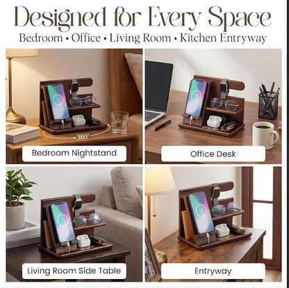 360° Rotating Nightstand Organizer - Wood Phone Docking Station with Rotating Base, Charging Slot, Holds watch, Wallet, Keys, Eyewear - Birthday Gifts for Men & Women, Bedroom or Office Use, Dark Brown