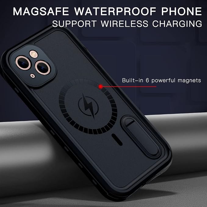 Omio for iPhone 13 Waterproof Case Compatible with MagSafe, Magnetic Full Body IP68 Shell with Built-in Screen Protector Military Grade Shockproof Cover with Stand for Men Women Black