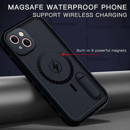 Omio for iPhone 13 Waterproof Case Compatible with MagSafe, Magnetic Full Body IP68 Shell with Built-in Screen Protector Military Grade Shockproof Cover with Stand for Men Women Black