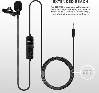 Movo LV1-USB Lavalier Microphone for Camera, Lapel for iPhone and Android Smartphones, Body Lav Mic, Clip On Microphone for 3.5mm, Shirt Lapel Mic for Phone, GoPro, Interview, Computer, PC