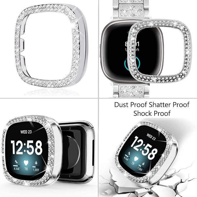 Compatible with Fitbit Versa 4/Sense 2 with Case Women, Jewelry Replacement Metal Wristband Strap with Bling PC Protective Cover for Fitbit Versa 3/Sense (Fitbit Versa 4/Sense 2, Silver)