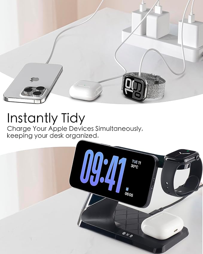 3 in 1 Charging Station for Apple Devices, Mag-Safe Charger Stand, Wireless Charger for iPhone 16/15/14/13/12 Series,& AirPods,& iWatch, Adapter Not Included