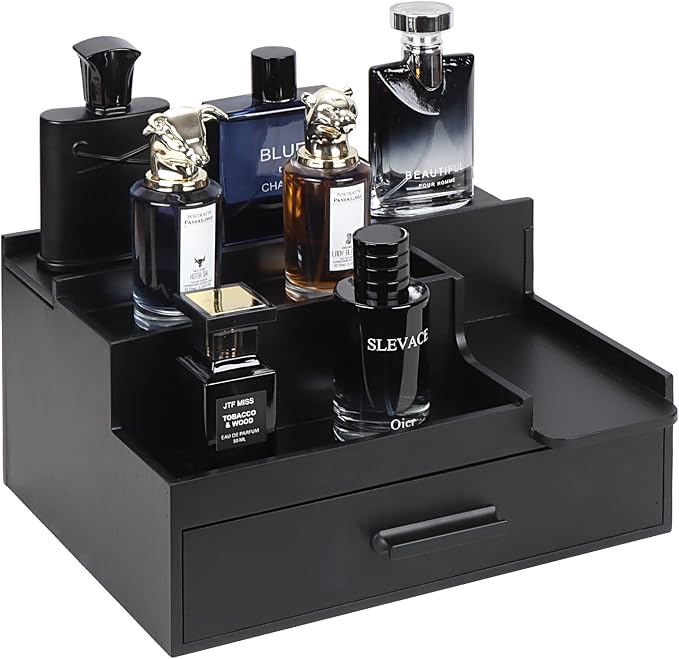 Butizone Cologne Organizer for Men, 3 Tier Perfume Stand Holder with Drawer and Hidden Compartment, Cologne Display Shelf for Dresser, Great Gift for Man/Father, Black