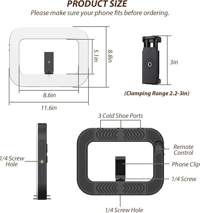 Smartphone Video Rig with Light, Handheld Ring Selfie Light Kit, LED Mobile Video Stabilizer with Built-in 8000mAh Battery for Camera, Smartphone, YouTube, TikTok Video Recording, Makeup