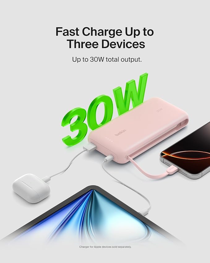 Belkin Power Bank with Integrated Cable, Fast Charging USB-C, 20000 mAh 30W, Portable Charger Power Bank USB C for iPhone 17, Air, Pro, Pro Max, iPad, AirPods, Apple Watch, Galaxy S25, & More - Pink
