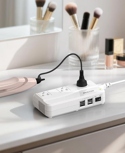 BESTEK Universal Travel Adapter 220V to 110V Voltage Converter with 0-2.4A 4 Port USB Charging and UK/AU/US/EU Worldwide Plug Adapter (White)
