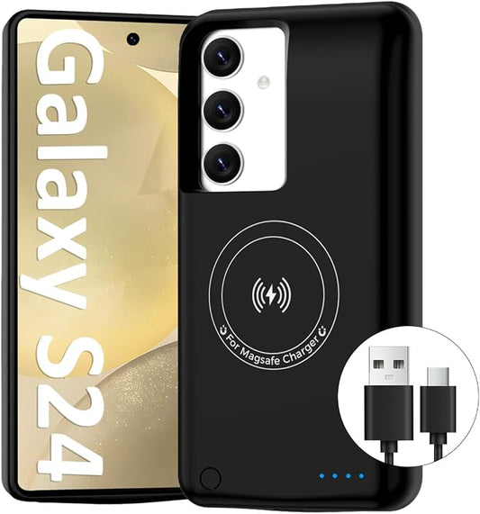 Battery Case for Samsung Galaxy S24, 10000mAh Magnetic Rechargeable Extended Charge QI Wireless Charging Case, Portable Protective Power Bank for Galaxy S24(6.2") - Black