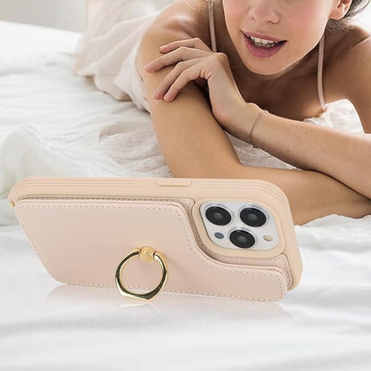 Lipvina for iPhone 13 Pro Case with Card Holder for Women,Crossbody Strap Lanyard,Credit Card Holder,Ring Stand,Snap Clasp,Wallet Case 6.1 inch (Beige)