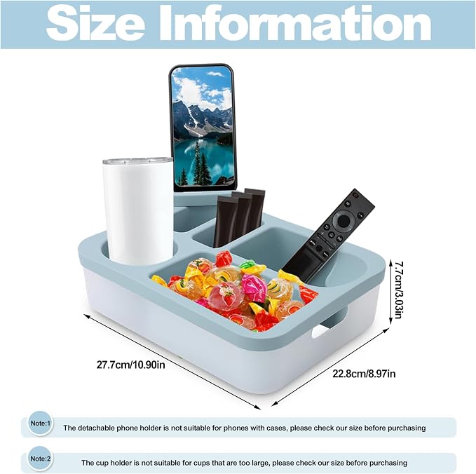 Couch Cup Holder Tray for Bed Sofa Organizer, Silicone Couch Caddy with Rotatable Phone Holder, Anti Spill Couch Drink Holder for Snacks Beverage TV Remote Cellphone(Blue)