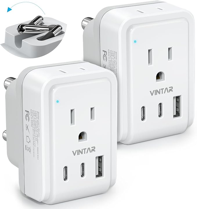 VINTAR Foldable Type M Adapter for South Africa - 2 Pack with AC Outlets & 3 USB Ports, Travel Essentials for US, Namibia, Nepal, Malaysia