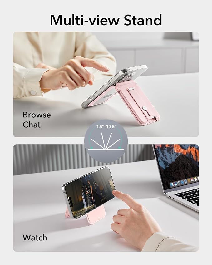 ESR Aura for MagSafe Wallet Stand with Grip, RFID Blocking, MagSafe Ring Included, 5 Card Holder Magnetic Wallet for iPhone 17e/17/16/15/14/13/12 (Not for 13/12 Mini), Selected Samsung,Bubblegum Pink