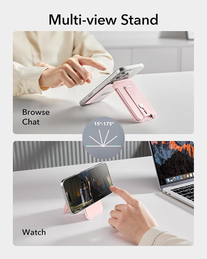 ESR Aura for MagSafe Wallet Stand with Grip, RFID Blocking, MagSafe Ring Included, 5 Card Holder Magnetic Wallet for iPhone 17e/17/16/15/14/13/12 (Not for 13/12 Mini), Selected Samsung,Bubblegum Pink
