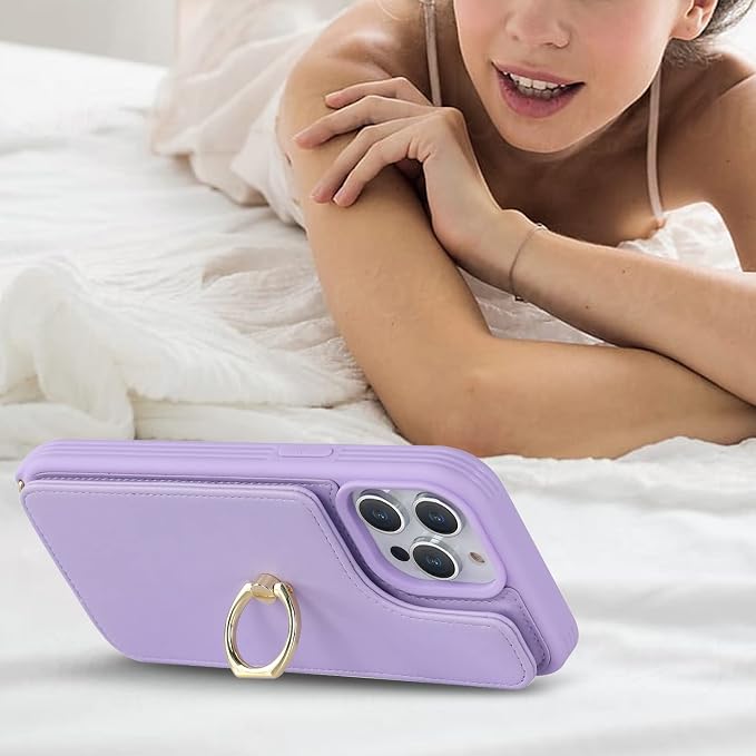 Lipvina for iPhone 12/12 Pro Case with Card Holder and Strap for Women,Crossbody Lanyard,RFID Blocking,Kickstand Ring Stand,Snap Clasp,Phone Wallet Cases 6.1 inch(Purple)