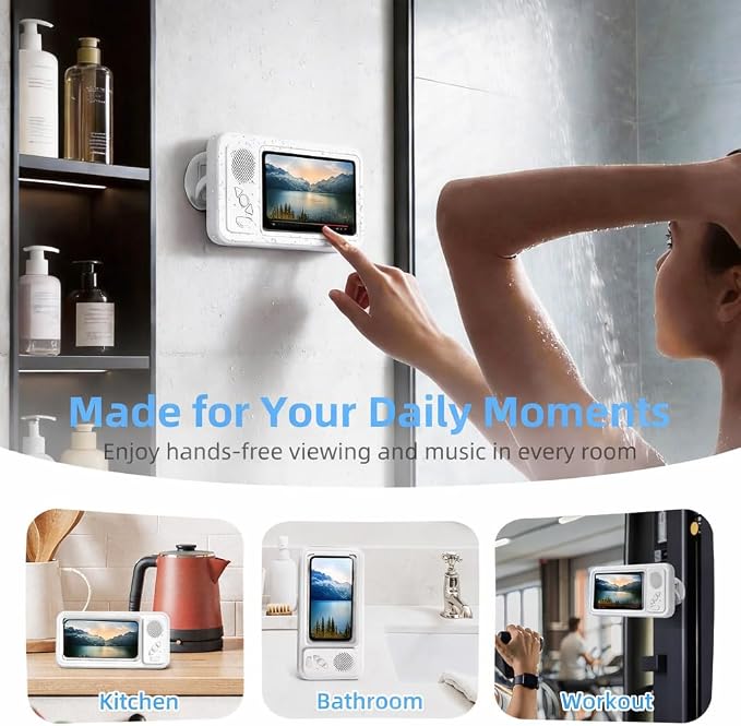 Shower Phone Holder with Bluetooth Speaker - Waterproof Wall-Mounted Shower Phone Case, Hands-Free Music Playback, Anti-Fog & Sensitive Touchscreen Case Stand for Phones Accessories Gift for Men Women