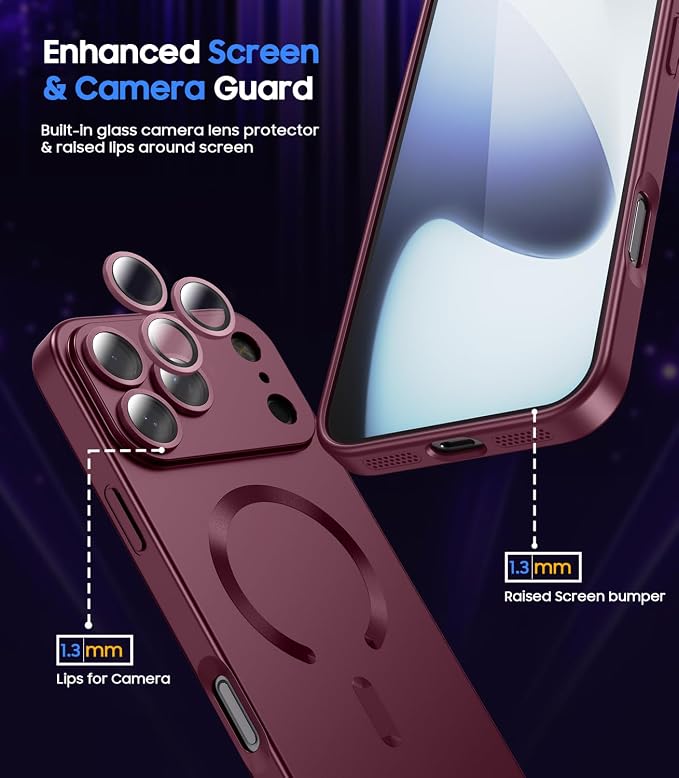 Magnetic for iPhone 17 Pro Case [Compatible with MagSafe][Built-in Camera Lens Protector] Slim Thin Soft Silicone Bumper Shockproof Metallic Luster Phone Case (Burgundy)