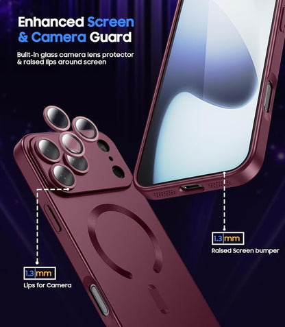 Magnetic for iPhone 17 Pro Case [Compatible with MagSafe][Built-in Camera Lens Protector] Slim Thin Soft Silicone Bumper Shockproof Metallic Luster Phone Case (Burgundy)