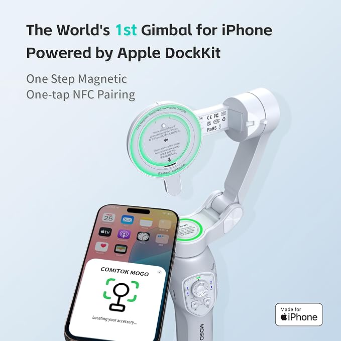 COMITOK MOGO Only for iPhone, Gimbal Stabilizer for iPhone, [MFi Certified] Phone Gimbal with 360 Degree Face Tracking for Video Recording, NFC Pair and Magnetic Mount for iPhone 17 Pro Max