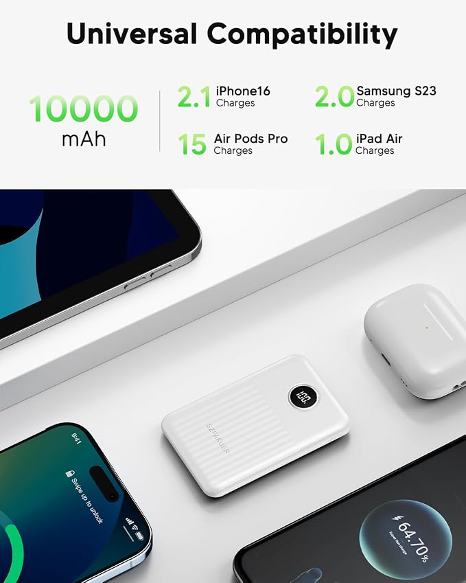 Portable Charger,Ultra Slim 10000mAh 22.5W Power Bank,USB C in/Output Fast Charging Mini Battery Pack Compatible with iPhone 17 16 15 14 Samsung S23 S22 S21 Google iPad etc (White)