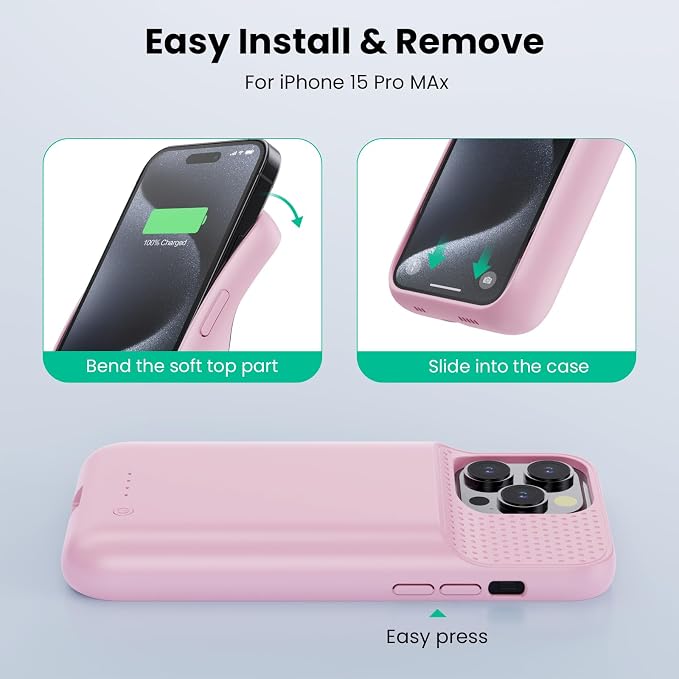 Battery Case for iPhone 15Pro Max, Upgrade 8600mah Portable Slim Battery Charging Case, 15W Fast Charging Rechargeable Protective Extended Charger Cover for iPhone 15 Pro Max (6.7 inch)-Pink