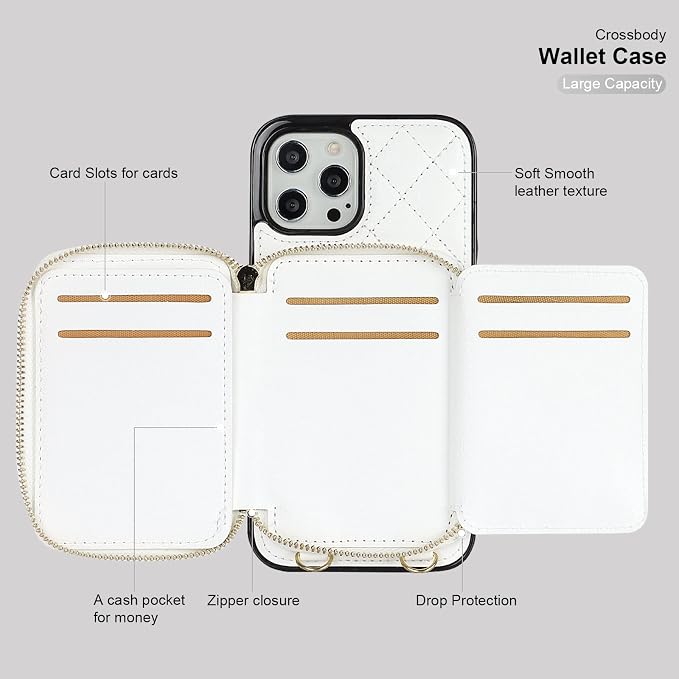 Bocasal Crossbody Wallet Case for iPhone 12 Pro Max, RFID Blocking PU Leather Zipper Handbag Purse Flip Cover, Kickstand Folio Case with Card Slots Holder Wrist Strap Lanyard 5G 6.7 Inch (White)