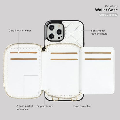 Bocasal Crossbody Wallet Case for iPhone 12 Pro Max, RFID Blocking PU Leather Zipper Handbag Purse Flip Cover, Kickstand Folio Case with Card Slots Holder Wrist Strap Lanyard 5G 6.7 Inch (White)