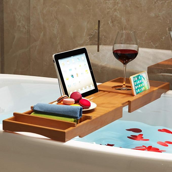 Bathtub Shelf Bamboo Bath Tub Tray with Extending Sides Built in Book Tablet Integrated Wineglass Holder Phone Tray Bathtub Tray (Brown 73cm x 23cm)