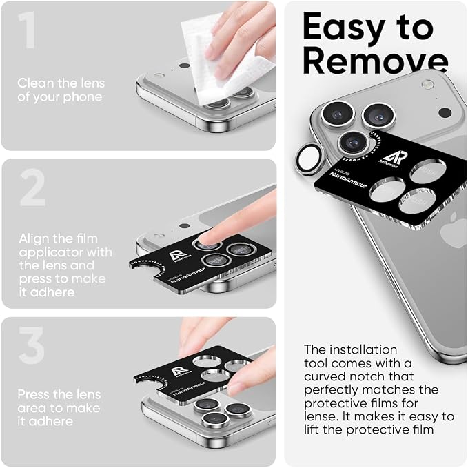 FLOLAB NanoArmour Anti-Reflective for iPhone 17 Pro Max/iPhone 17 Pro Camera Lens Protector - Durable Tempered Glass with Aluminum Ring, TruColors, Ultra Clear, Easy Install - Silver