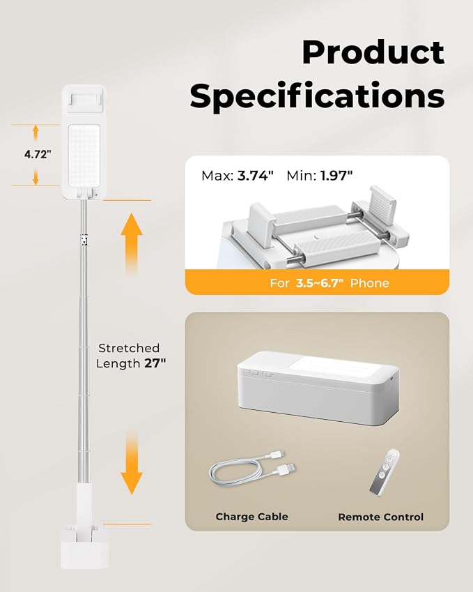 Phone Stand for Recording, Overhead Phone Mount with Light, Selfie Stand,Portable,Extendable,360° Rotate,Adjustable,Wireless Remote,Rechargeable, for 3.5-6.9" Phones, Live Streaming, White