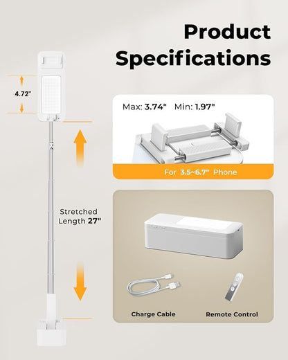Phone Stand for Recording, Overhead Phone Mount with Light, Selfie Stand,Portable,Extendable,360° Rotate,Adjustable,Wireless Remote,Rechargeable, for 3.5-6.9" Phones, Live Streaming, White