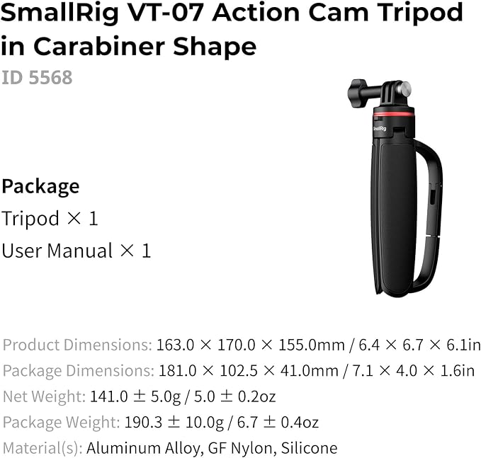 SMALLRIG Portable Action Camera Tripod in Carabiner Shape, 6.5-13.6in Extendable Selfie Stick, Mini Table Tripod for GoPro Hero 13/12/11, for DJI Osmo Action 5 pro/4/3, for Insta360 Ace Pro 2-5568