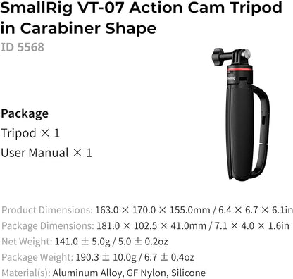 SMALLRIG Portable Action Camera Tripod in Carabiner Shape, 6.5-13.6in Extendable Selfie Stick, Mini Table Tripod for GoPro Hero 13/12/11, for DJI Osmo Action 5 pro/4/3, for Insta360 Ace Pro 2-5568