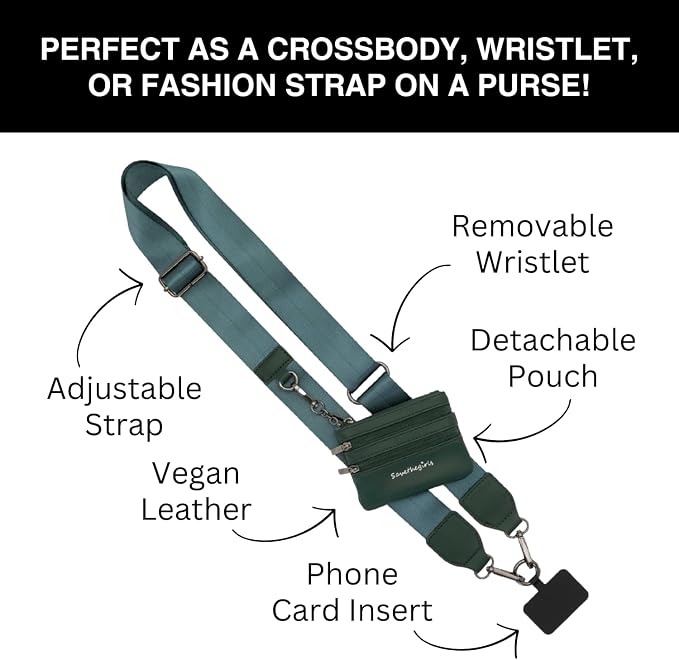 Save the Girls Clip and Go Phone Strap Solid (Green - Green Pouch) - Crossbody Phone Strap Chain with Zipper Wallet Pouch, Zippered
