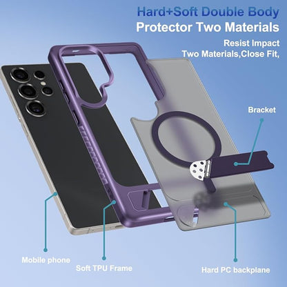 for Samsung Galaxy S25 Ultra Case with Screen Protector+Lanyard Wrist Strap,Magnetic Translucent Matte Rugged Slim Phone Cover Built in Invisible Kickstand [Fit for MagSafe],2025 Purple