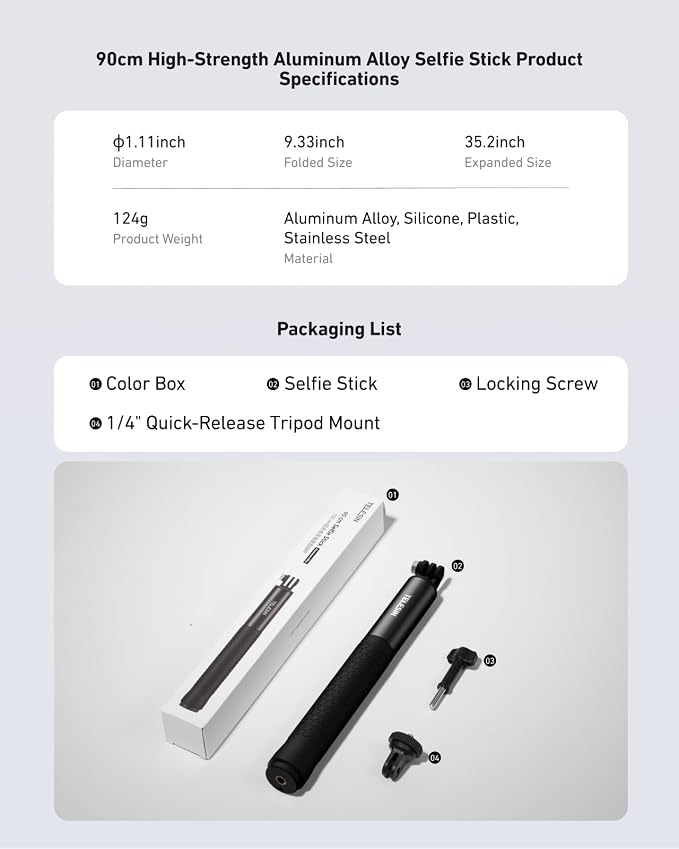 TELESIN 35" Extension Selfie Stick for GoPro, Portable Vlog Selfie Stick Handle Monopod Pole for GoPro Hero 13 12 11 10/Insta360/DJI Osmo 360 Action 6 5 4 Pocket/AKASO Travel Action Camera Accessories