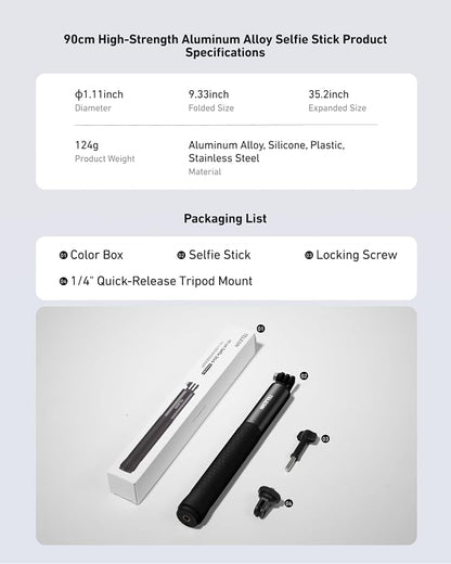 TELESIN 35" Extension Selfie Stick for GoPro, Portable Vlog Selfie Stick Handle Monopod Pole for GoPro Hero 13 12 11 10/Insta360/DJI Osmo 360 Action 6 5 4 Pocket/AKASO Travel Action Camera Accessories