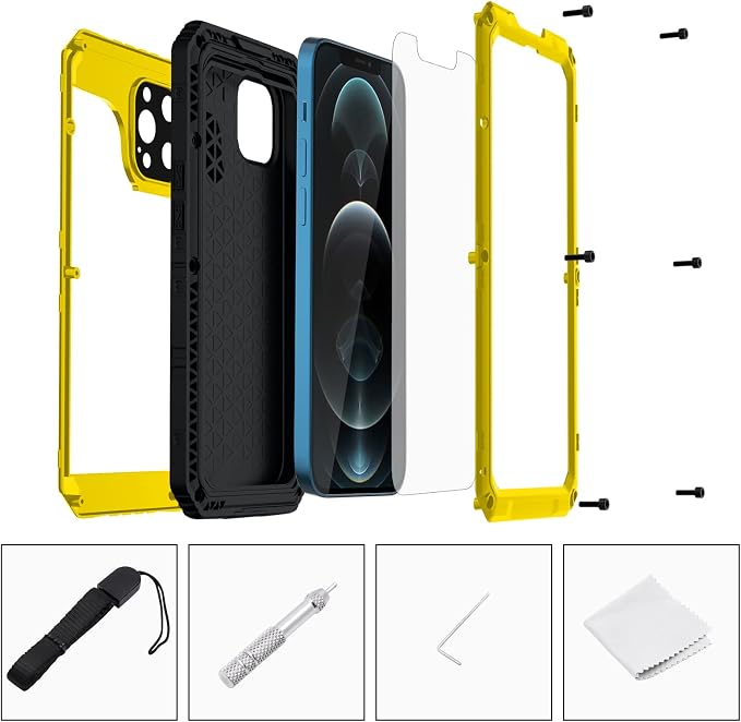 Mitywah Waterproof Case for iPhone 12 Pro, Heavy Duty Shockproof Case with Built-in Screen Protector, Full Body Underwater Protective Metal Case 6.1 inch, Yellow
