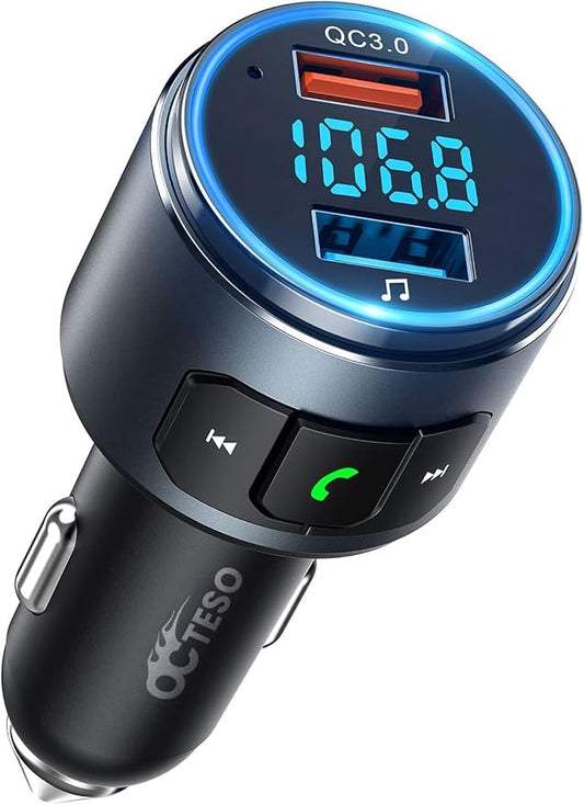 Upgraded V5.3 FM Bluetooth Transmitter, Bluetooth Car Adapter QC3.0 & LED Backlit Wireless FM Radio Adapter Music Player/Car Kit, Siri Google Assistant