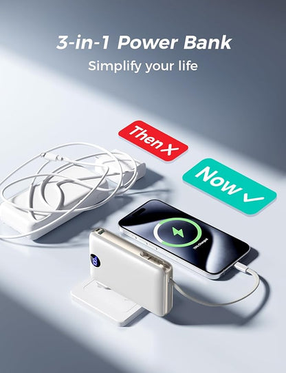 Power Bank, 50000 mAh Portable Charger with Built in Cable & Wall Plug, 22.5W Fast Charging, Travel Essential Battery Pack with LED Display for iPhone 17/16/15/14 Series, Galaxy, iPad White