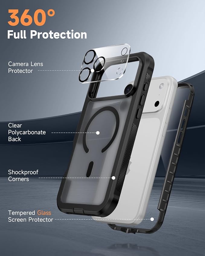seacosmo for iPhone 17 Pro Max Case, Full Body Bumper with Built-in Tempered Glass Screen and Camera Lens Protector, Compatible with MagSafe, Shockproof 17 Pro Max Phone Case, 6.9", Black Matte