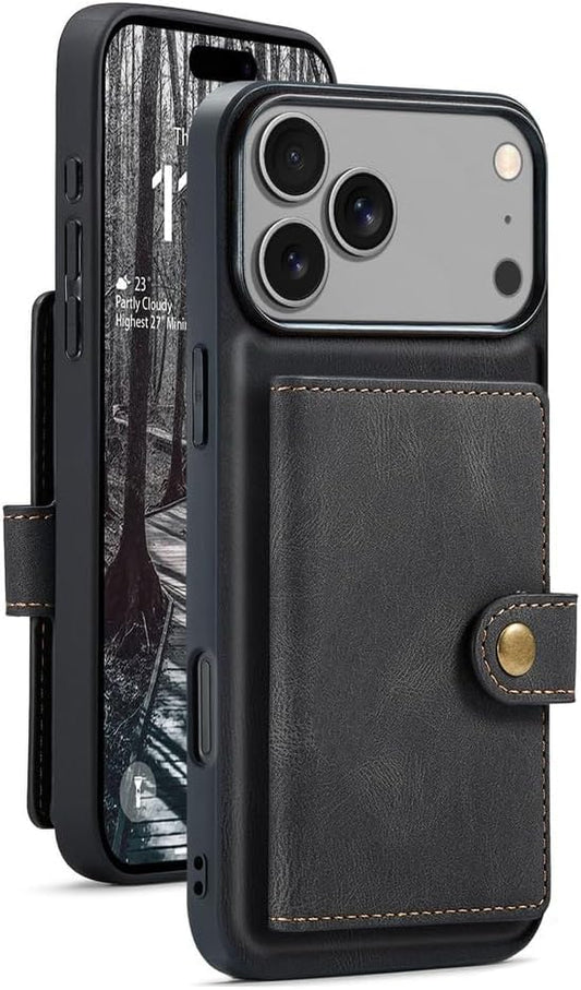 Wallet Case for iPhone 17/17 Pro/17 Air/17 Pro Max, Retro Leather Cover Magnetic Separate Card Slots Kickstand Detachable Case,17pro max,Black