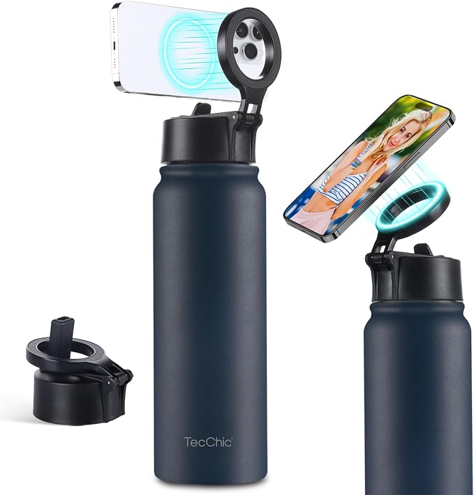 Insulated Water Bottle with Magnetic Phone Holder Compatible with MagSafe and iPhone,Double-Sided Magnet,Hot 12H Cold 24H,Stainless Steel Water Bottle Phone Mount for Sports Travel,27oz (Navy Blue)