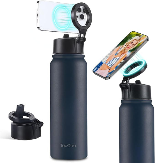 Insulated Water Bottle with Magnetic Phone Holder Compatible with MagSafe and iPhone,Double-Sided Magnet,Hot 12H Cold 24H,Stainless Steel Water Bottle Phone Mount for Sports Travel,27oz (Navy Blue)