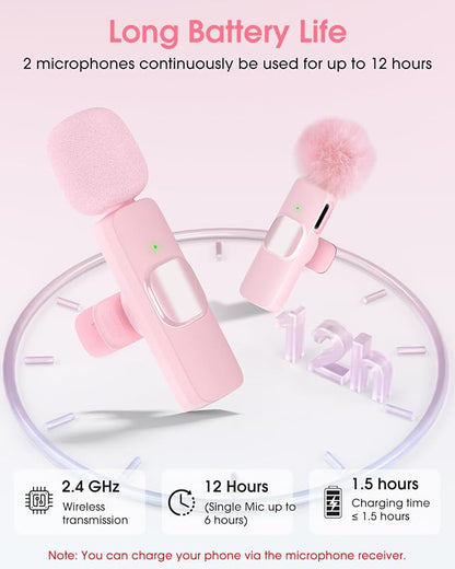 Mini Wireless Lavalier Microphone for iPhone 16/15/14/Android, Lapel Mic with Noise Reduction, 12H, 65ft, Pink Tiny Microphone Content Creator Interview for Vlog YouTube TikTok Recording (Pink)