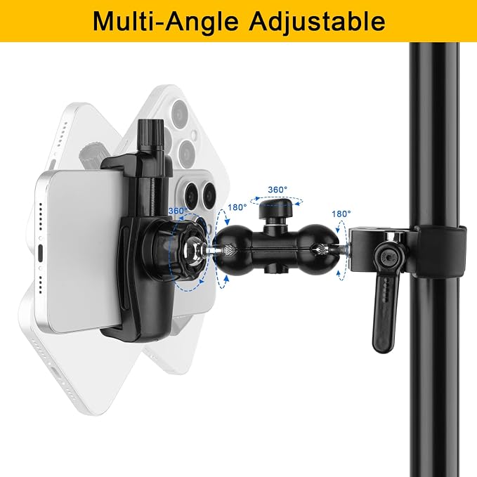 Phone Holder Clamp Mount for Treadmill/Spin Bike/Baby Stroller/Golf Cart/Music Stand/Microphone Stand/Handlebar,Compatible with 3.5~7.5" iPhone/Smartphone,360°Adjustable Aluminum Alloy Mount