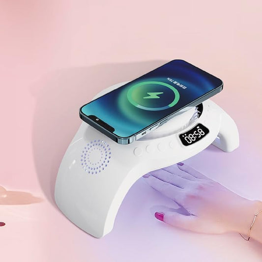 5 in 1 mutifunction Mobile Wireless Charger with Bluetooth Speaker, UV Nail Lights, Clock Alarm,Night Light