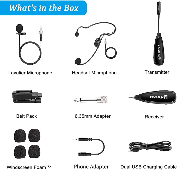 KIMAFUN Wireless Microphone System, 2.4G Wireless Headset and Lavalier Lapel Microphones for iPhone, Android Phone, Laptop and Speaker, Designed for Teaching, Recording, Vlog, Broadcast, G102-3
