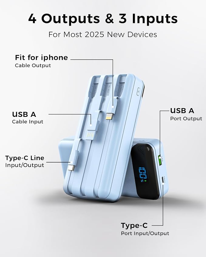 Portable Charger 40000mAh Power Bank, PD 22.5W Fast Charging | Built-in Cable, 4 Output 3 Input, Digital Display, Compatible with iPhone 17 16 15 14 13 Android