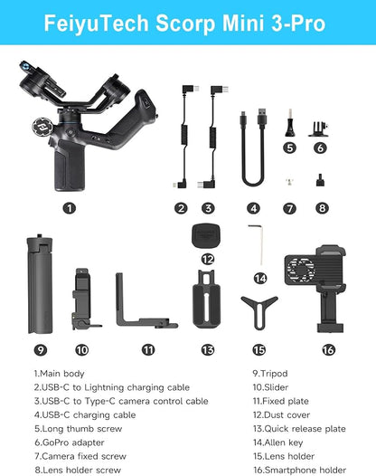 FeiyuTech SCORP Mini-3-Pro Gimbal Stabilizer for Camera Mirrorless/Compact/Action Cameras,Smartphone,18m AI Tracking,Detachable Remote Handle,4.4lbs Payload,3-axis Gimbal for Canon Sony Nikon