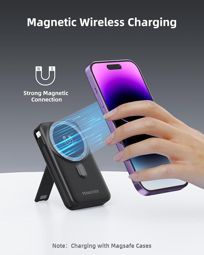 for Magsafe Magnetic Portable Charger, 10000mAh Wireless Power Bank with Built-in Cable & AC Wall Plug, Battery Pack PD 22.5W with Stand, LED Display for iPhone 17/16/15/14/13 Series, Samsung, Pixel